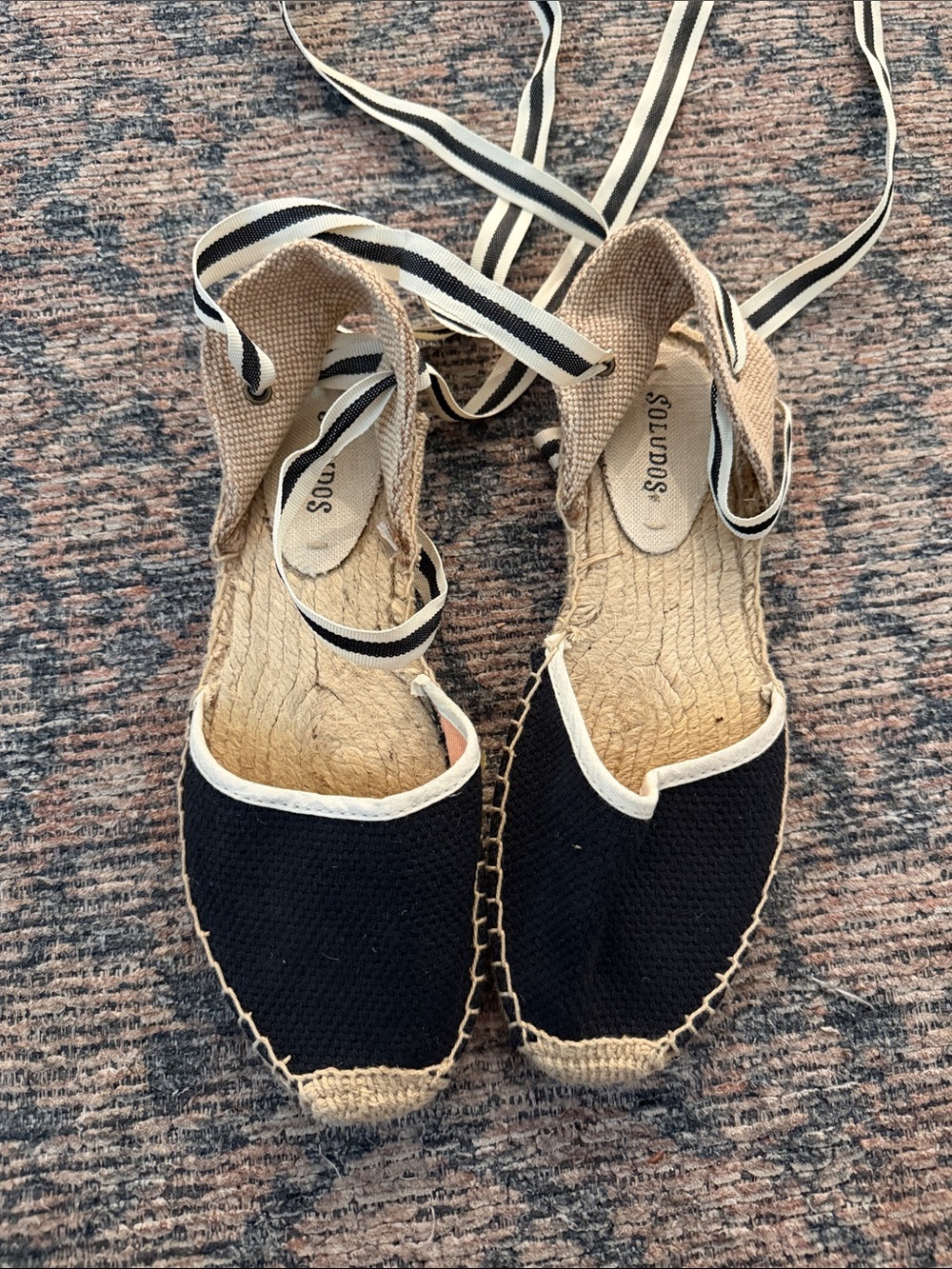 Soludos Black Canvas Espadrille Lace-Up Flats with Cream Trim